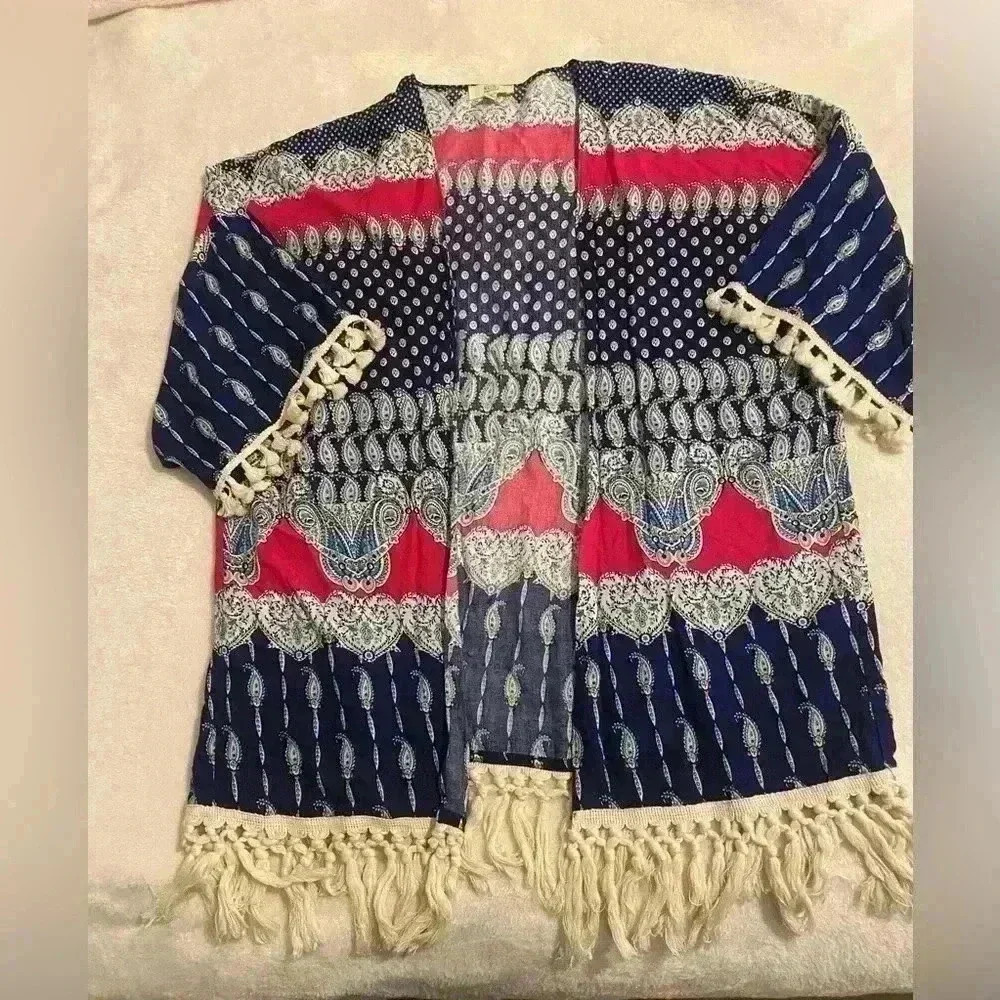 Kori America Boho open front cardigan in blues greens pink & peach size small